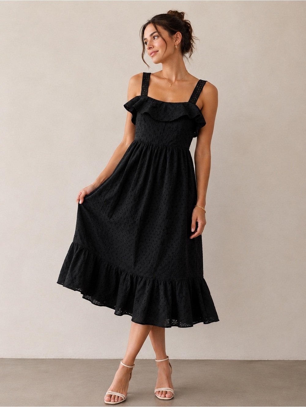 J. Crew Black Eyelet Ruffle Midi Dress